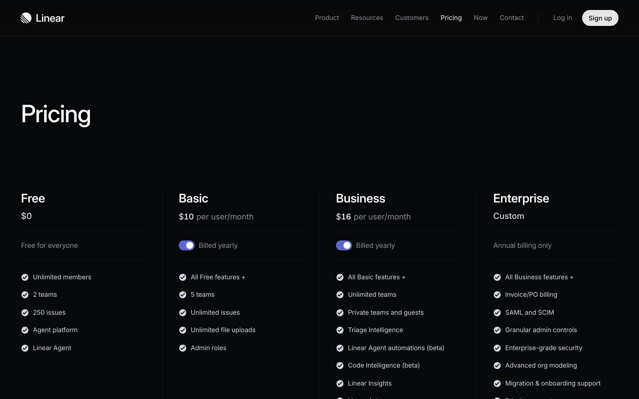 Linear pricing in 2026: Free, Basic at $10 per user per month, Business at $16, and custom Enterprise