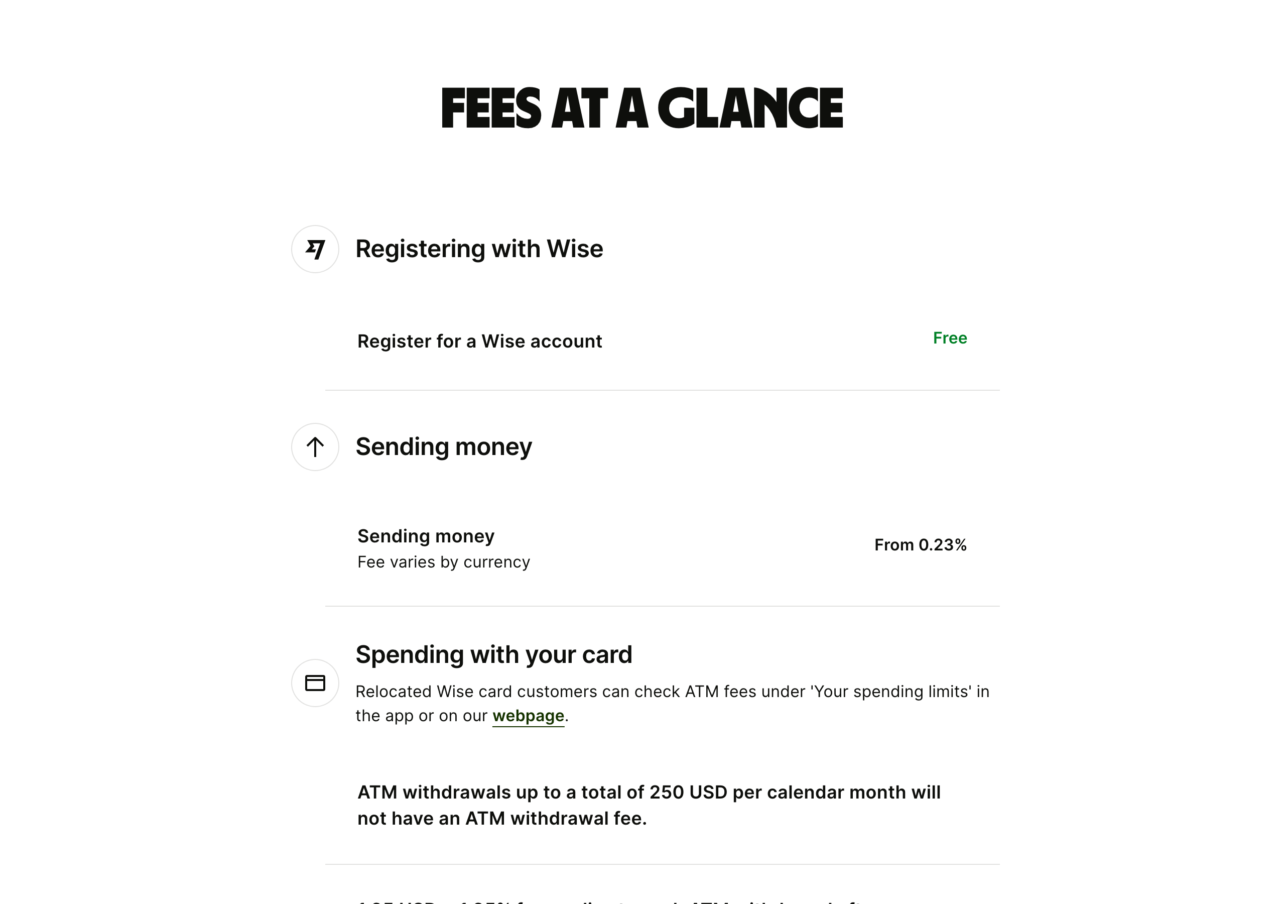 Wise Business fees at a glance page showing registering for a Wise account is free and sending money starts from 0.23% with the fee varying by currency