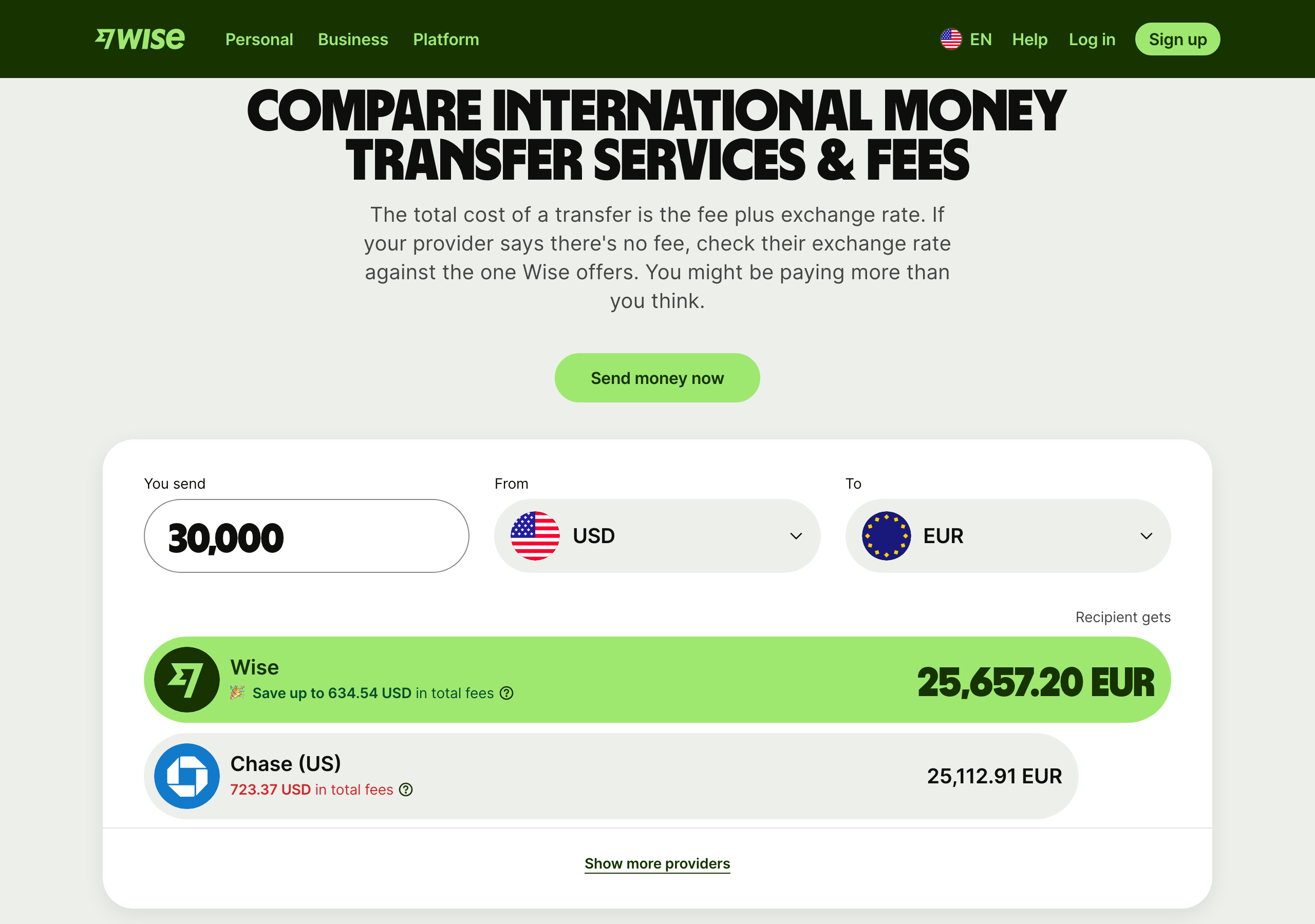 Wise comparison tool pricing a 30,000 USD to EUR transfer on 27 August 2026: Wise delivers 25,657.20 EUR against Chase at 25,112.91 EUR, with Chase charging 723.37 USD in total fees